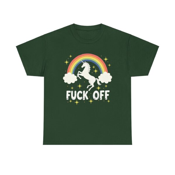 Funny Unicorn Over Rainbow with Bold Fuck off Phrase Design Unisex Heavy Cotton Tee - Image 2