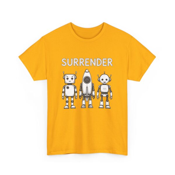 Cute Robot Army Trio: Bold 'SURRENDER' on Retro-Futuristic Black Unisex Heavy Cotton Tee - Image 4