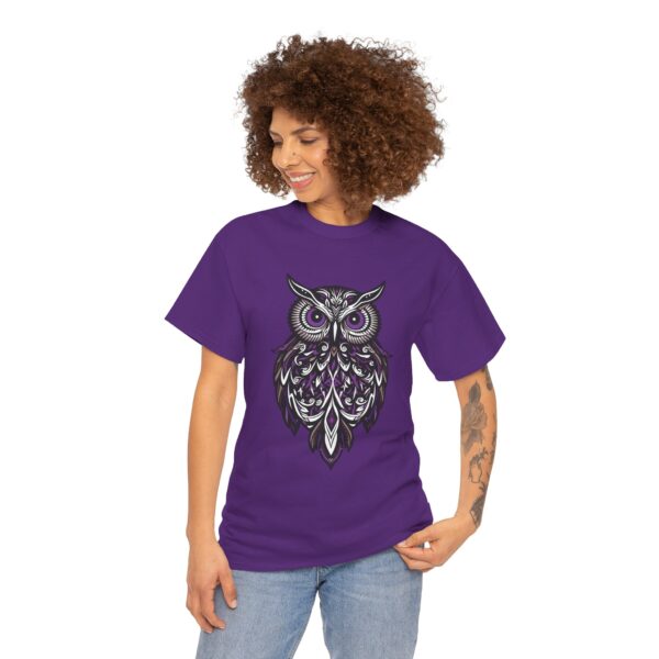 Goth Stylized Owl Design | Black & Purple | Elegant Nocturnal Art Unisex Heavy Cotton Tee - Image 2