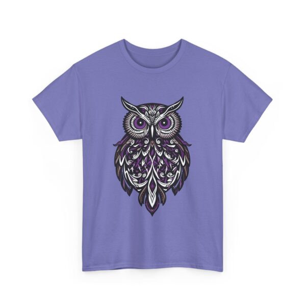 Goth Stylized Owl Design | Black & Purple | Elegant Nocturnal Art Unisex Heavy Cotton Tee - Image 5