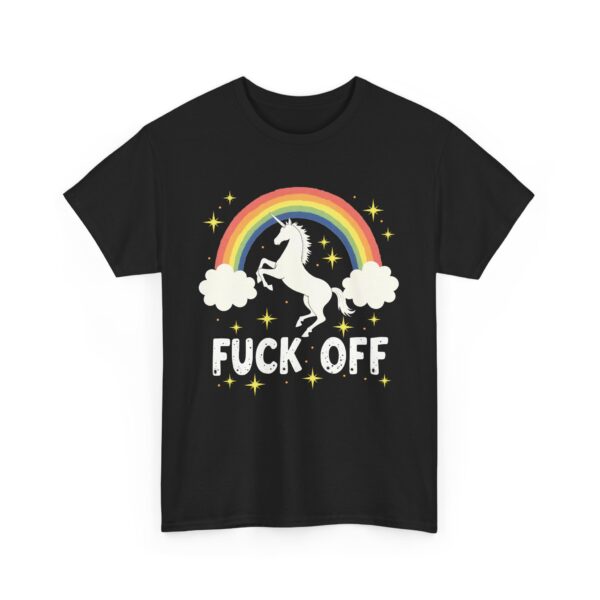 Funny Unicorn Over Rainbow with Bold Fuck off Phrase Design Unisex Heavy Cotton Tee - Image 3
