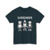 Cute Robot Army Trio: Bold 'SURRENDER' on Retro-Futuristic Black Unisex Heavy Cotton Tee - Image 6
