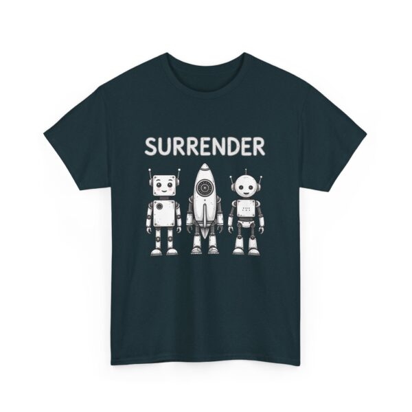 Cute Robot Army Trio: Bold 'SURRENDER' on Retro-Futuristic Black Unisex Heavy Cotton Tee - Image 6