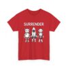 Cute Robot Army Trio: Bold 'SURRENDER' on Retro-Futuristic Black Unisex Heavy Cotton Tee - Image 2