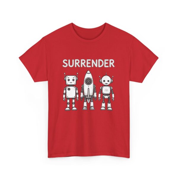 Cute Robot Army Trio: Bold 'SURRENDER' on Retro-Futuristic Black Unisex Heavy Cotton Tee - Image 2
