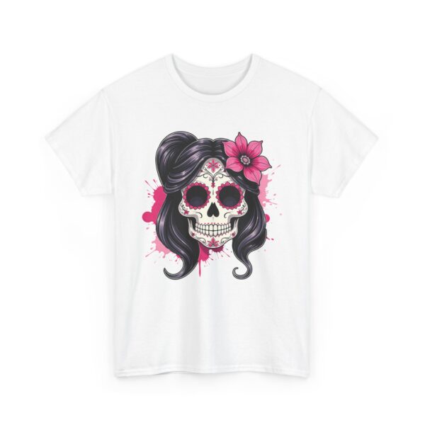 Stylish Magenta Sacra Muerte Sugar Skull Design - Dia de los Muertos Art Unisex Heavy Cotton Tee - Image 6