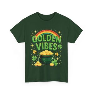 Golden Vibes Rainbow Pot of Gold and Clovers Traditional Irish Wishing Well Design Unisex Heavy Cotton Tee