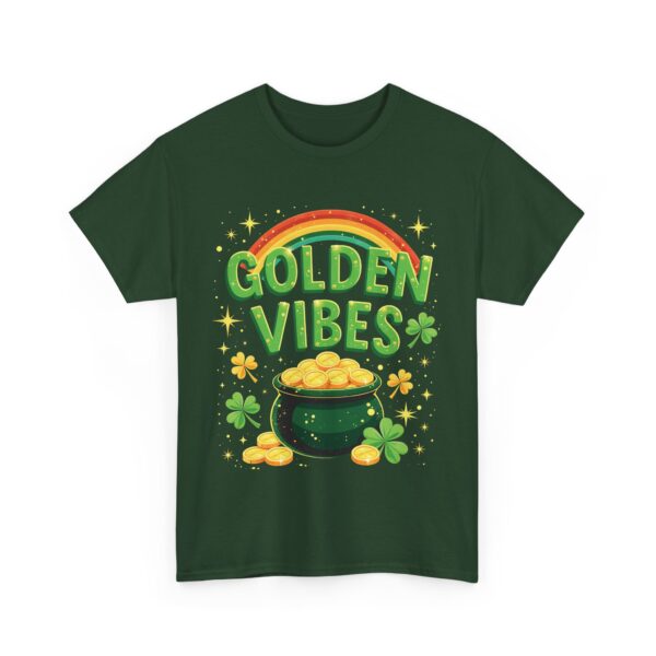 Golden Vibes Rainbow Pot of Gold and Clovers Traditional Irish Wishing Well Design Unisex Heavy Cotton Tee