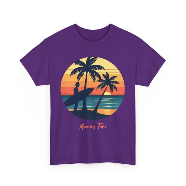 Morning Tides Tropical Beach Striped Sunset Surfer Silhouette Surf Art Unisex Heavy Cotton Tee - Image 9