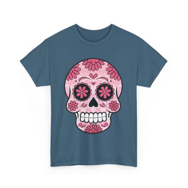 Stylish Magenta Pink Sugar Skull Design - Dia de los Muertos Art Unisex Heavy Cotton Tee - Image 3