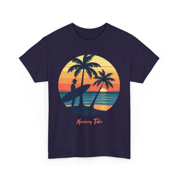 Morning Tides Tropical Beach Striped Sunset Surfer Silhouette Surf Art Unisex Heavy Cotton Tee - Image 8