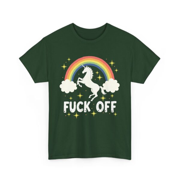 Funny Unicorn Over Rainbow with Bold Fuck off Phrase Design Unisex Heavy Cotton Tee