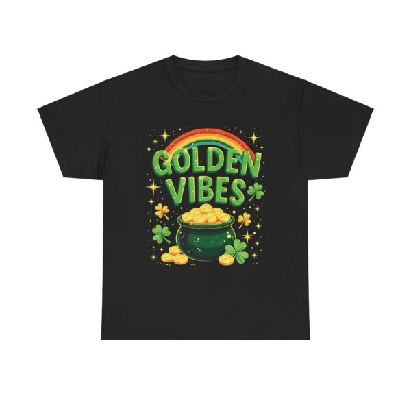 Golden Vibes Rainbow Pot of Gold and Clovers Traditional Irish Wishing Well Design Unisex Heavy Cotton Tee - Image 4