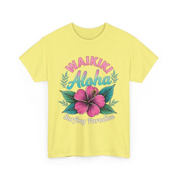 Waikiki Aloha Surfing Paradise Retro Design with Pink Hibiscus Unisex Heavy Cotton Tee - Image 3
