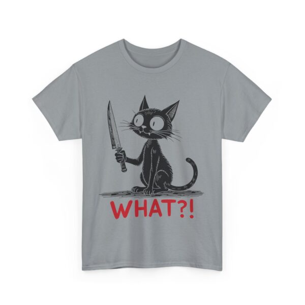 Mischievous Black Cat with Knife Halloween Humor Dark Funny Design Unisex Heavy Cotton Tee - Image 7