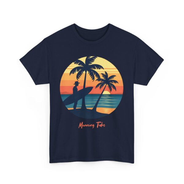 Morning Tides Tropical Beach Striped Sunset Surfer Silhouette Surf Art Unisex Heavy Cotton Tee - Image 6
