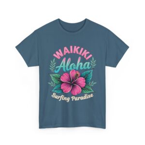 Waikiki Aloha Surfing Paradise Retro Design with Pink Hibiscus Unisex Heavy Cotton Tee