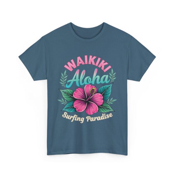 Waikiki Aloha Surfing Paradise Retro Design with Pink Hibiscus Unisex Heavy Cotton Tee