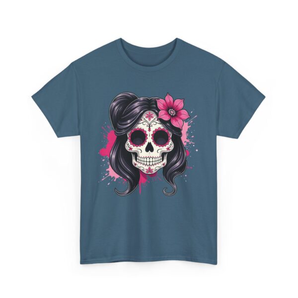 Stylish Magenta Sacra Muerte Sugar Skull Design - Dia de los Muertos Art Unisex Heavy Cotton Tee - Image 3