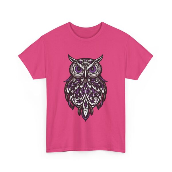 Goth Stylized Owl Design | Black & Purple | Elegant Nocturnal Art Unisex Heavy Cotton Tee - Image 7