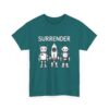 Cute Robot Army Trio: Bold 'SURRENDER' on Retro-Futuristic Black Unisex Heavy Cotton Tee - Image 5