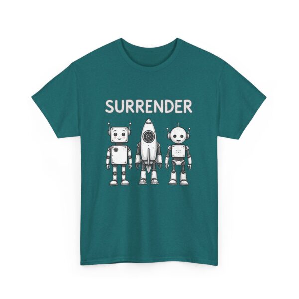 Cute Robot Army Trio: Bold 'SURRENDER' on Retro-Futuristic Black Unisex Heavy Cotton Tee - Image 5