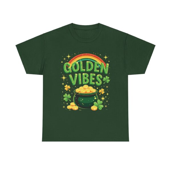 Golden Vibes Rainbow Pot of Gold and Clovers Traditional Irish Wishing Well Design Unisex Heavy Cotton Tee - Image 2