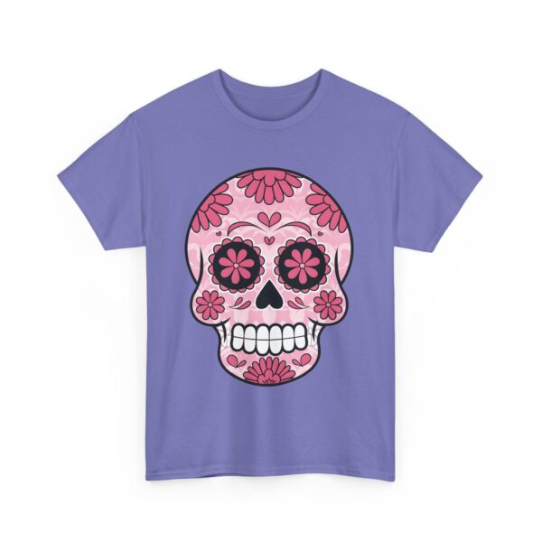 Stylish Magenta Pink Sugar Skull Design - Dia de los Muertos Art Unisex Heavy Cotton Tee - Image 4