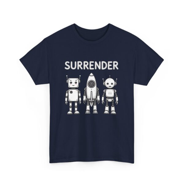 Cute Robot Army Trio: Bold 'SURRENDER' on Retro-Futuristic Black Unisex Heavy Cotton Tee - Image 8
