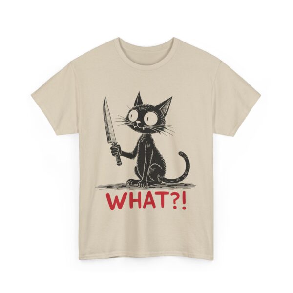 Mischievous Black Cat with Knife Halloween Humor Dark Funny Design Unisex Heavy Cotton Tee - Image 3