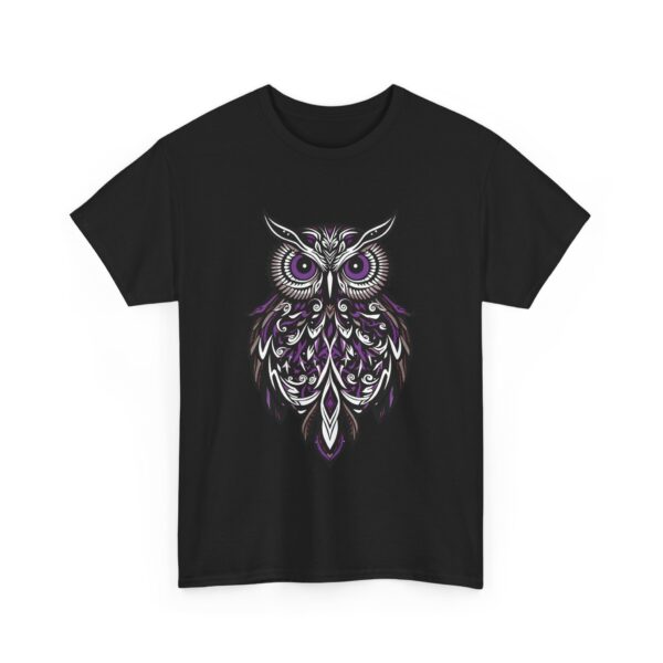 Goth Stylized Owl Design | Black & Purple | Elegant Nocturnal Art Unisex Heavy Cotton Tee - Image 3