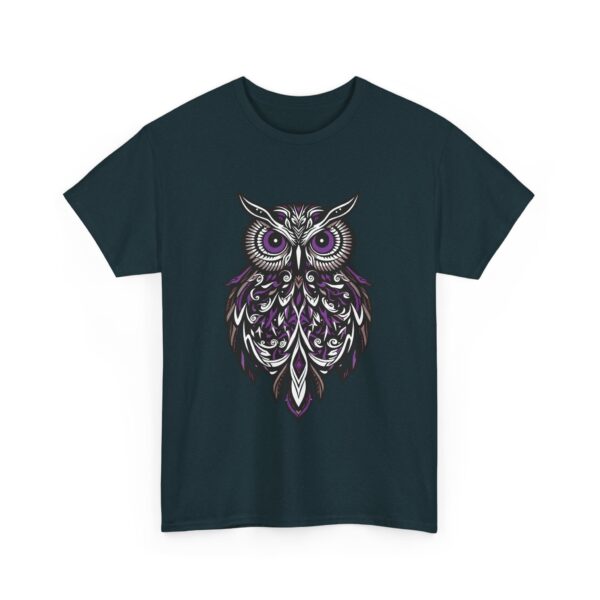 Goth Stylized Owl Design | Black & Purple | Elegant Nocturnal Art Unisex Heavy Cotton Tee - Image 4