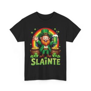 Happy Leprechaun St. Patrick's Day with Green Beer, Rainbow, and Gold Unisex Heavy Cotton Tee