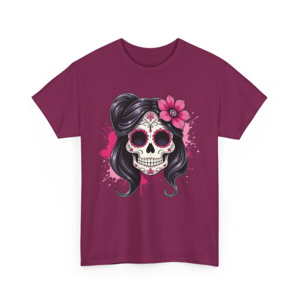 Stylish Magenta Sacra Muerte Sugar Skull Design - Dia de los Muertos Art Unisex Heavy Cotton Tee - Image 5