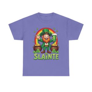 Happy Leprechaun St. Patrick's Day with Green Beer, Rainbow, and Gold Unisex Heavy Cotton Tee