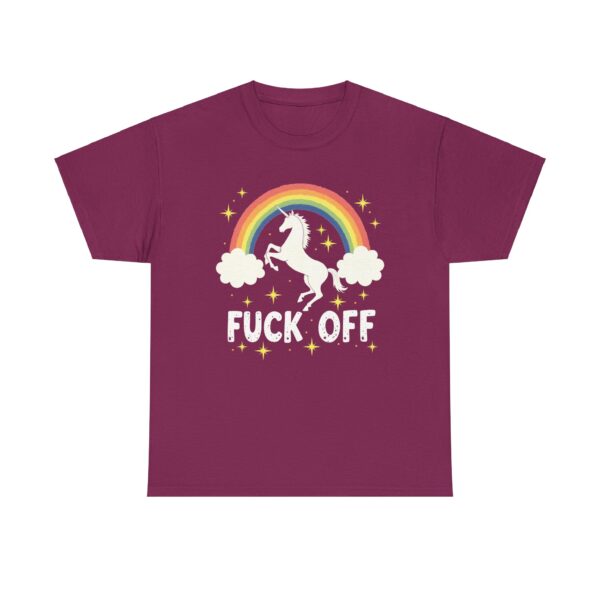 Funny Unicorn Over Rainbow with Bold Fuck off Phrase Design Unisex Heavy Cotton Tee - Image 7