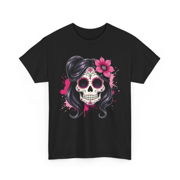Stylish Magenta Sacra Muerte Sugar Skull Design - Dia de los Muertos Art Unisex Heavy Cotton Tee - Image 2