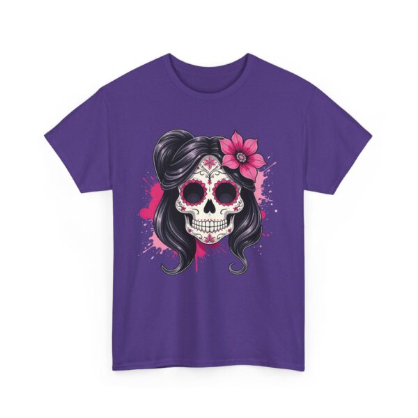 Stylish Magenta Sacra Muerte Sugar Skull Design - Dia de los Muertos Art Unisex Heavy Cotton Tee - Image 8