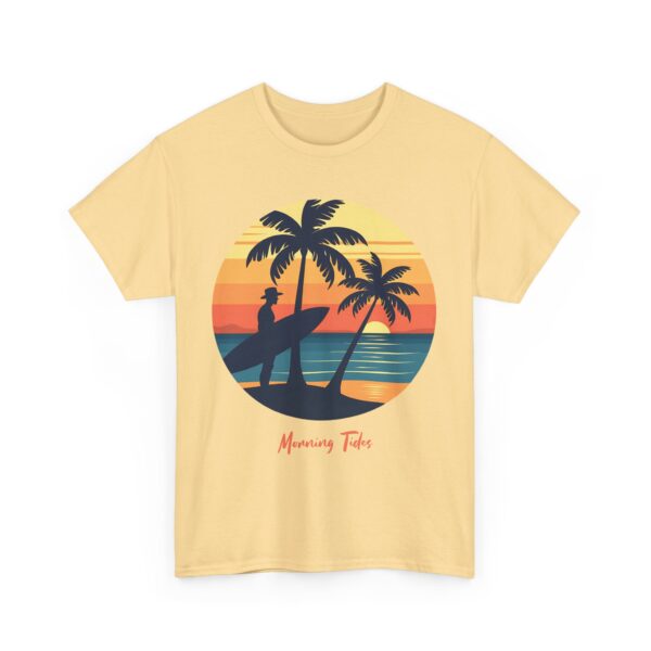Morning Tides Tropical Beach Striped Sunset Surfer Silhouette Surf Art Unisex Heavy Cotton Tee - Image 3