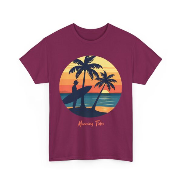 Morning Tides Tropical Beach Striped Sunset Surfer Silhouette Surf Art Unisex Heavy Cotton Tee - Image 10