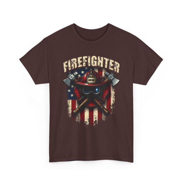 Firefighter Pride Helmet and Axes American Flag Distressed Design Unisex Heavy Cotton Tee - Image 2