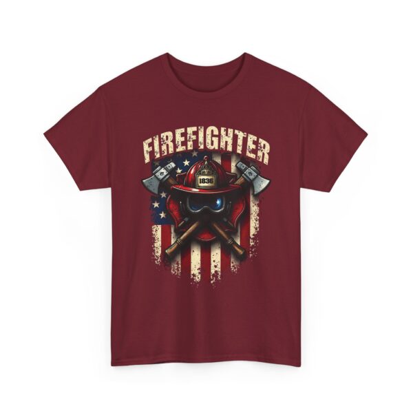 Firefighter Pride Helmet and Axes American Flag Distressed Design Unisex Heavy Cotton Tee - Image 6