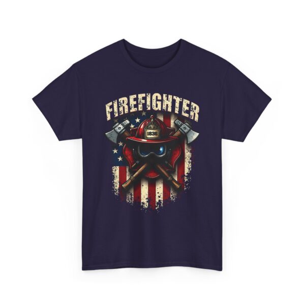 Firefighter Pride Helmet and Axes American Flag Distressed Design Unisex Heavy Cotton Tee - Image 5