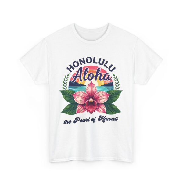 Honolulu Aloha Retro Vintage Hawaii Sunset Tropical Orchid Flower Unisex Heavy Cotton Tee - Image 5