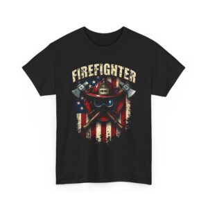 Firefighter Pride Helmet and Axes American Flag Distressed Design Unisex Heavy Cotton Tee