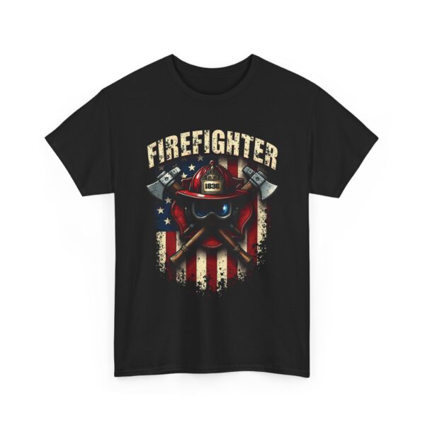 Firefighter Pride Helmet and Axes American Flag Distressed Design Unisex Heavy Cotton Tee