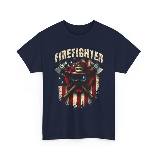 Firefighter Pride Helmet and Axes American Flag Distressed Design Unisex Heavy Cotton Tee - Image 4