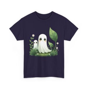 Eerie Cute Shy Anime Ghost with Flowers Aesthetic Kawaii Design Unisex Heavy Cotton Tee