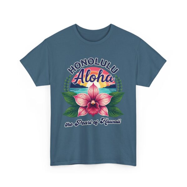 Honolulu Aloha Retro Vintage Hawaii Sunset Tropical Orchid Flower Unisex Heavy Cotton Tee - Image 2