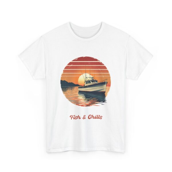 Fish & Chills Retro Fishing Sunset Vintage Distressed Fisherman Boat Outdoors Angler Unisex Heavy Cotton Tee - Image 3
